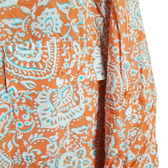 JNY Signature Sz XL Blouse Button Front Floral Roll Tab Cotton Side Vents Orange - Picture 12 of 14